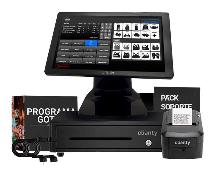 TPV Clienty Nitro comercio. Táctil compacto Nuevo con impresora de 80mm, cajón y programa adaptado a verifactu.