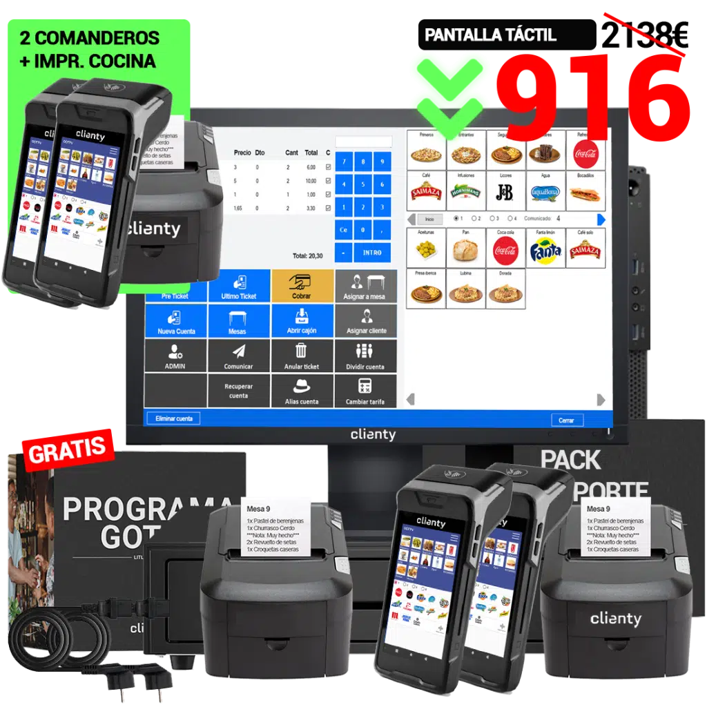 Tpv especializado en hostelería con los mejores accesorios para el sector: 2 comandaros MYPOS CARBON e Impresora para cocina. Pack hostelero más completo